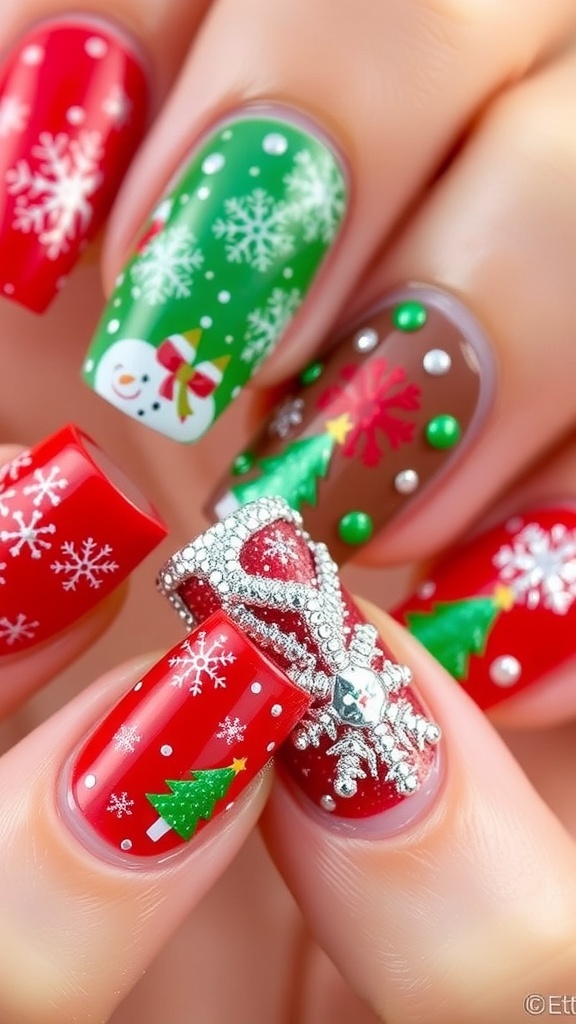 Close-up of Christmas-themed nail art with red and green designs, snowflakes, and glitter.
